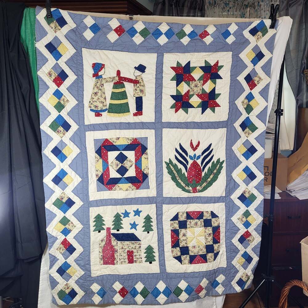 Vintage Handmade Applique and Patchwork Folk Art Quilt with Cabin and Figures